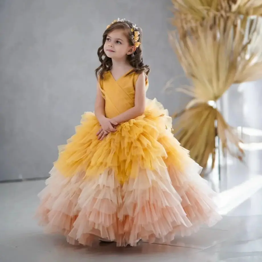 Customized Flower Girl Dress for Wedding Ombre Yellow Champagne Kids Child Birthday Party Gowns First Communion Dress