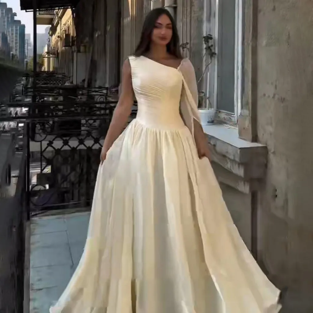 Sevintage 2025 Yellow Silk Chiffon A Line Pleated Maxi Evening Dress One Shoulder Prom Gown Dubai Women Formal Dress Customized