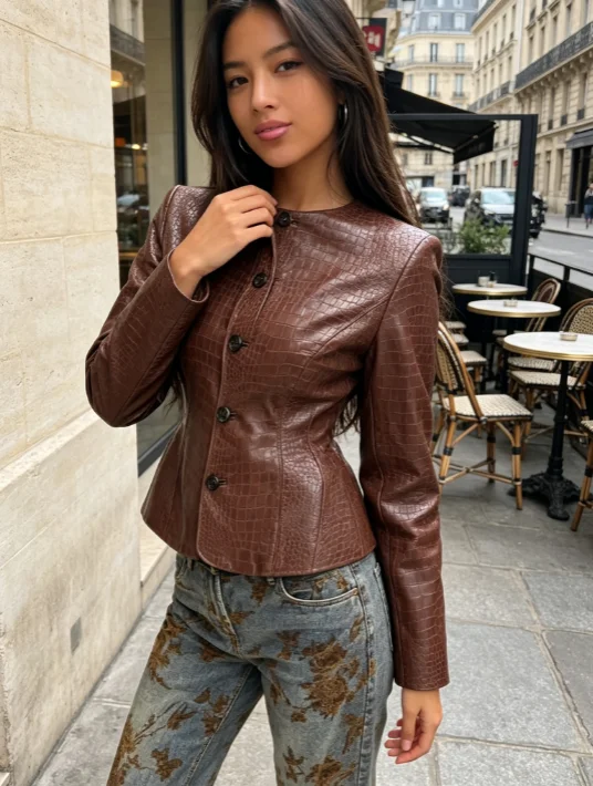 Women Croc Embossed Faux Leather Jacket Round Neck Button Front Long Sleeve 2026 Autumn Chic Date Outfit Street Trendy Outerwear