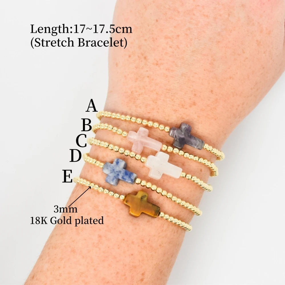 Kreuz-Armbänder für Frauen, Naturstein, 18K vergoldet, 3mm Kugelperlen, christlicher Schmuck, religiöses Geschenk, Boho, zierlich, verstellbar – Detail 1