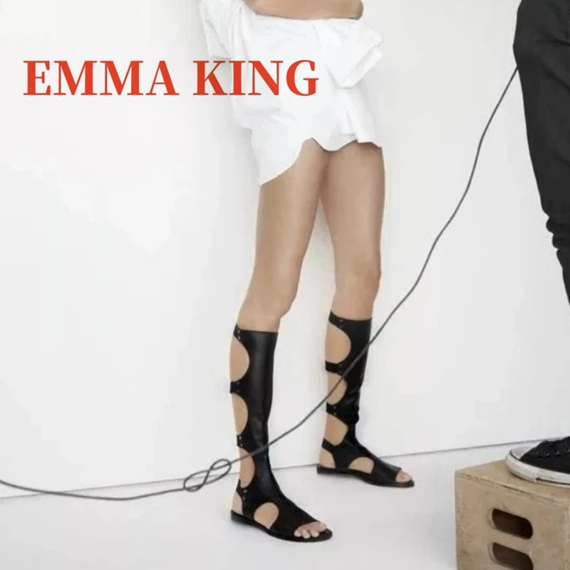 المرأة الجوف خارج صنادل طراز جلاديتور قطع الركبة عالية الشقق أحذية الصيف النساء روما نمط صنادل شاطئ اليدوية حذاء كاجوال #1