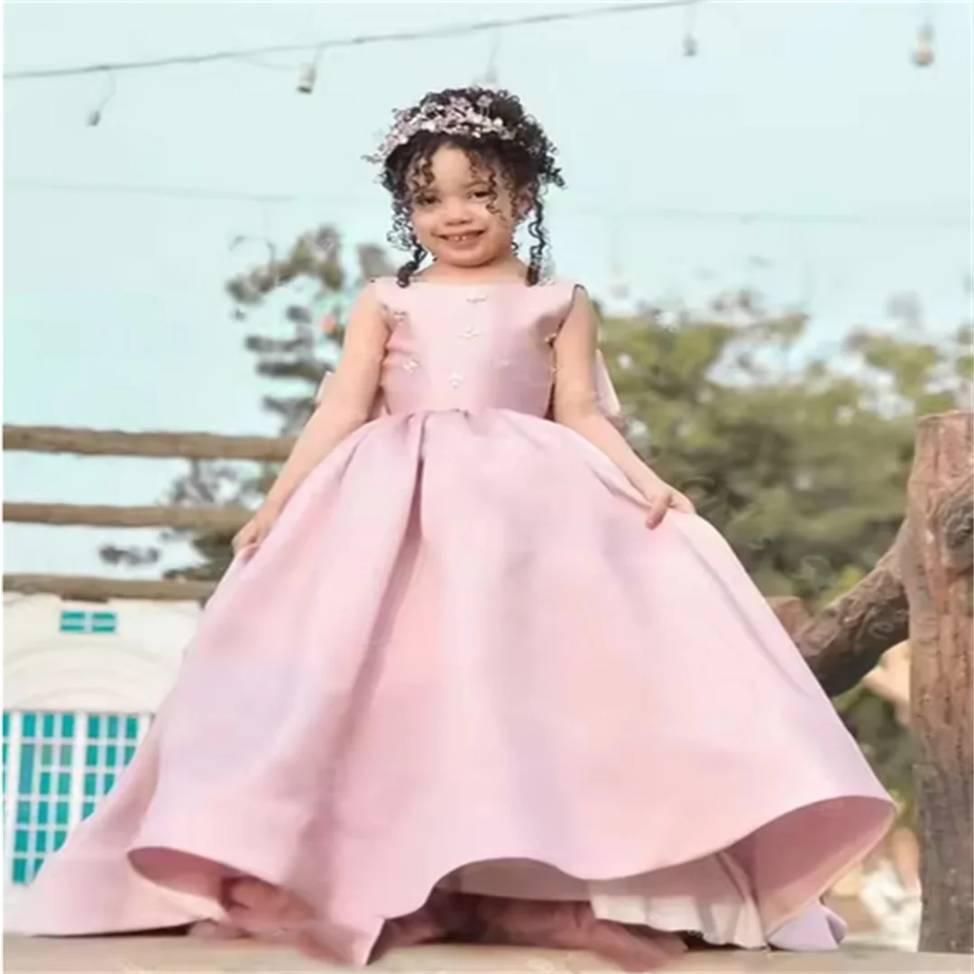 Customized Flowers Butterfly With Trailing Flower Girl Dresses Short Sleeve For wedding Banquet Party Holy Communion Gowns