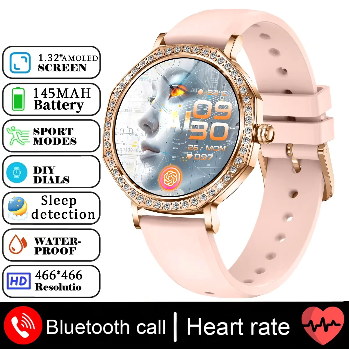 

Women's Ultra-Thin Smart Watch Diamond Dial 1.32" AMOLED Screen Bluetooth Call Blood Pressure Monitor IP68 Waterproof