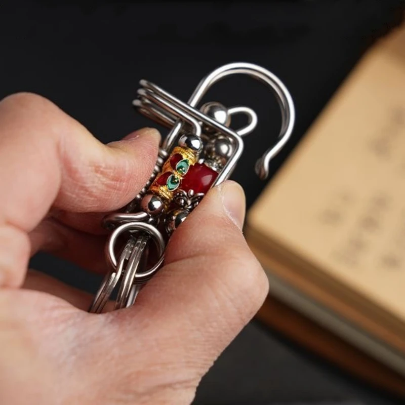 Stainless Steel Keychains, Mechanical  Style , 2 Layers Steel Wire Red Beaded Car Keyring,Men Outdoor Hook Buckle Trinket