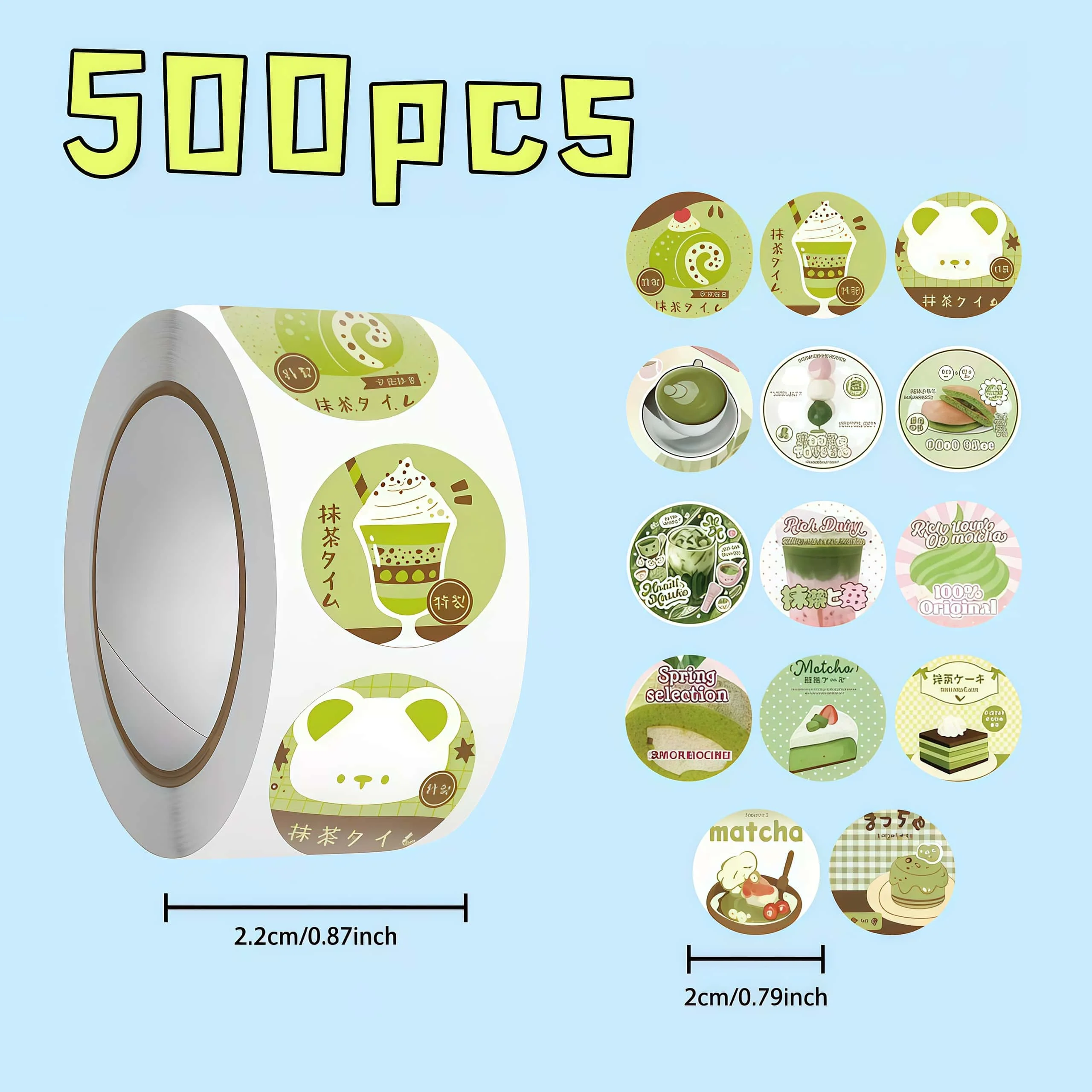 500 Stück Matcha-Dessert Runde Aufkleber-Rolle, Niedliche Grüntee-Kuchen-Bären-Muster Etiketten für Verpackungen, Tagebücher, Scrapbooks, DIY-Dekoration