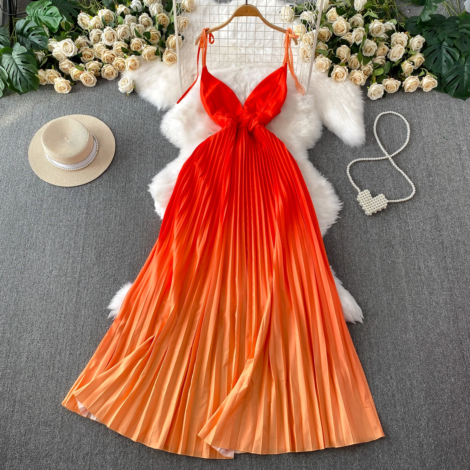 

Elegant Sexy sleeveless V-neck halter Dress Fairy A-line Summer Beach Vacation Slim Women Evening Party Dress