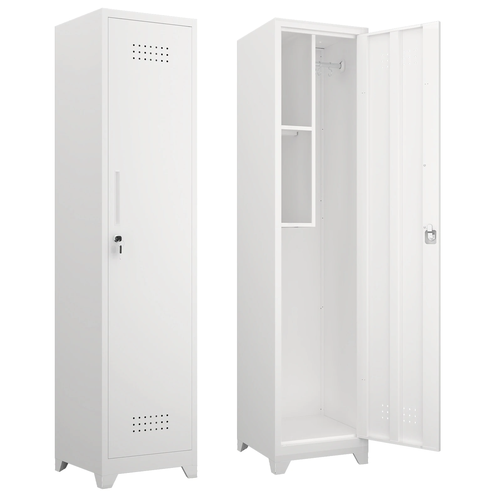 Broom Storage Cabinet With Locking Doors, Cleaning Tool Storage Cabinet With Hanging Rod & Hooks, Heavy-Duty Tool Garage Storage Cabinet For Utility Room