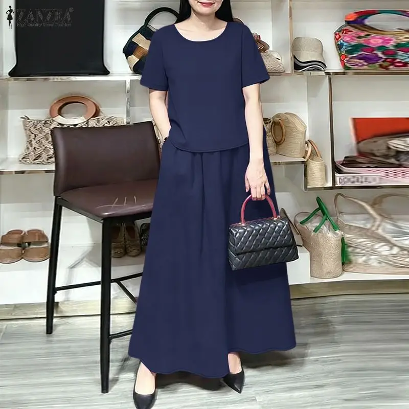 2026 Sommer-Outfits ZANZEA Stilvolle O-Ausschnitt Kurzarm-Blusenkleid-Sets Damen 2-teilige Sets Lässige Einfarbige OL Arbeits-Rockanzüge