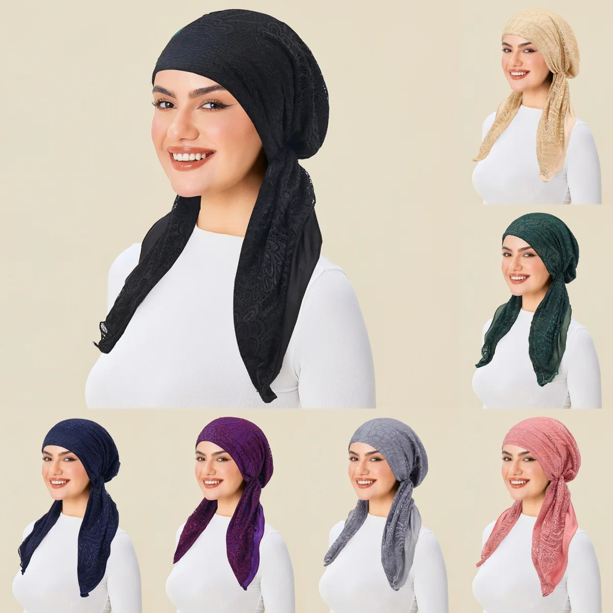 Moda Mujer Pre-atado turbante sombrero de encaje musulmán Hijab capó pañuelo para la cabeza pañuelos para la cabeza pérdida de cabello banda de mano Turbante Mujer