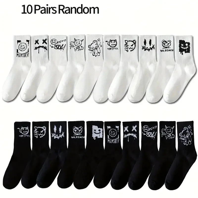 10 pairs of men's socks Ghostface funny midtube socks Spring summer Autumn winter for four seasons black and white stockings men