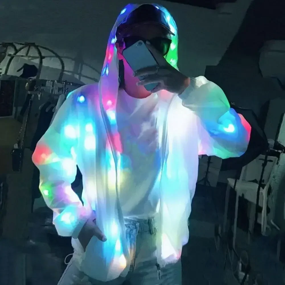 Glow Jacket Led Kurtka z kapturem na jesień i zimę Glow Kolorowy płaszcz z długim rękawem i kieszeniami na koncert klubowy