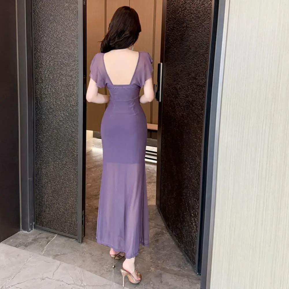 Sukienka maxi z marszczoną siateczką, przezroczysta, na imprezę, do klubu, jesienne stylizacje, czarna, seksowna, obcisła, elegancka vestido