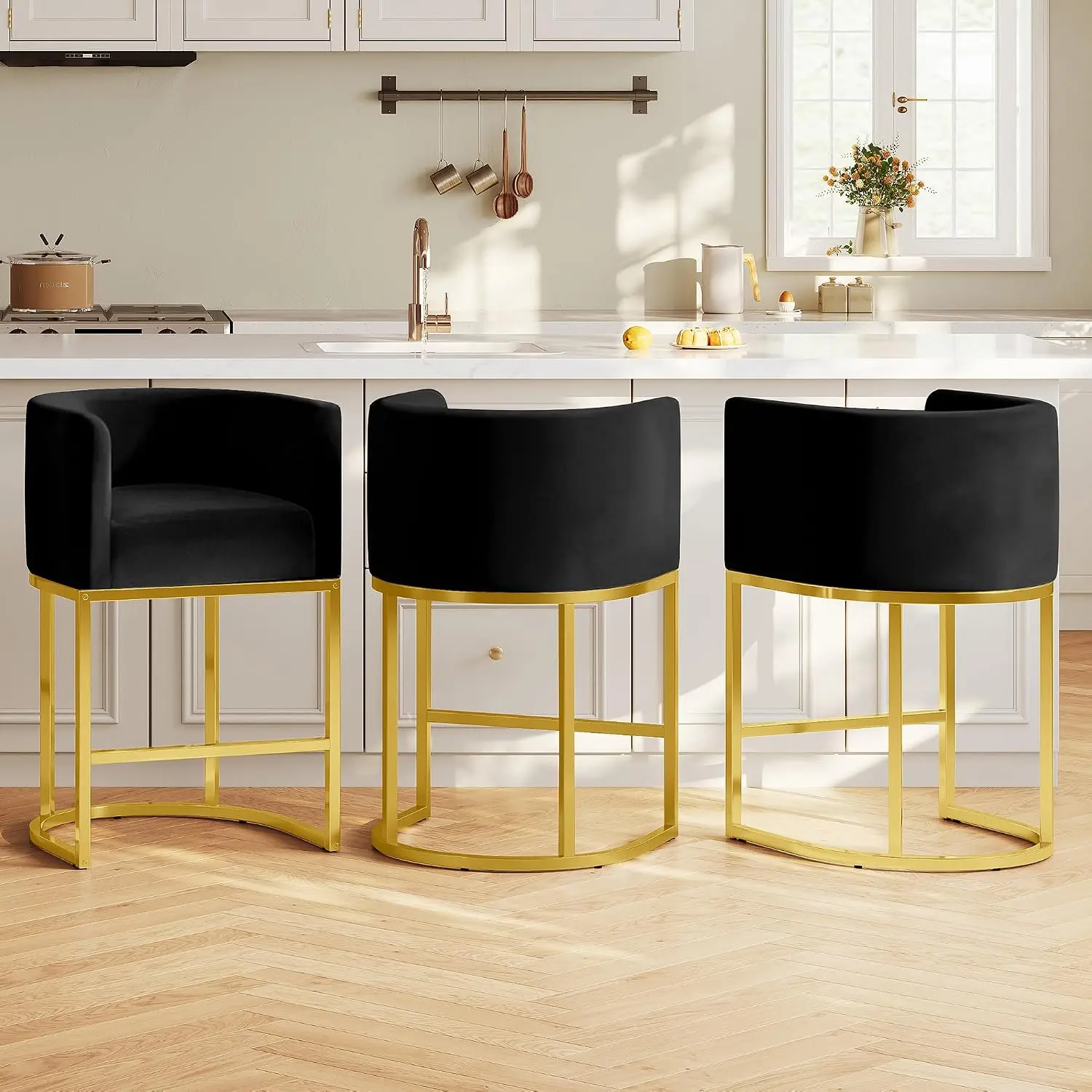 Modern Counter Height Bar Stools Set 3 Velvet Upholstered Barrel Back 24 Inch Kitchen Island Chair Gold Metal Frame, Customized