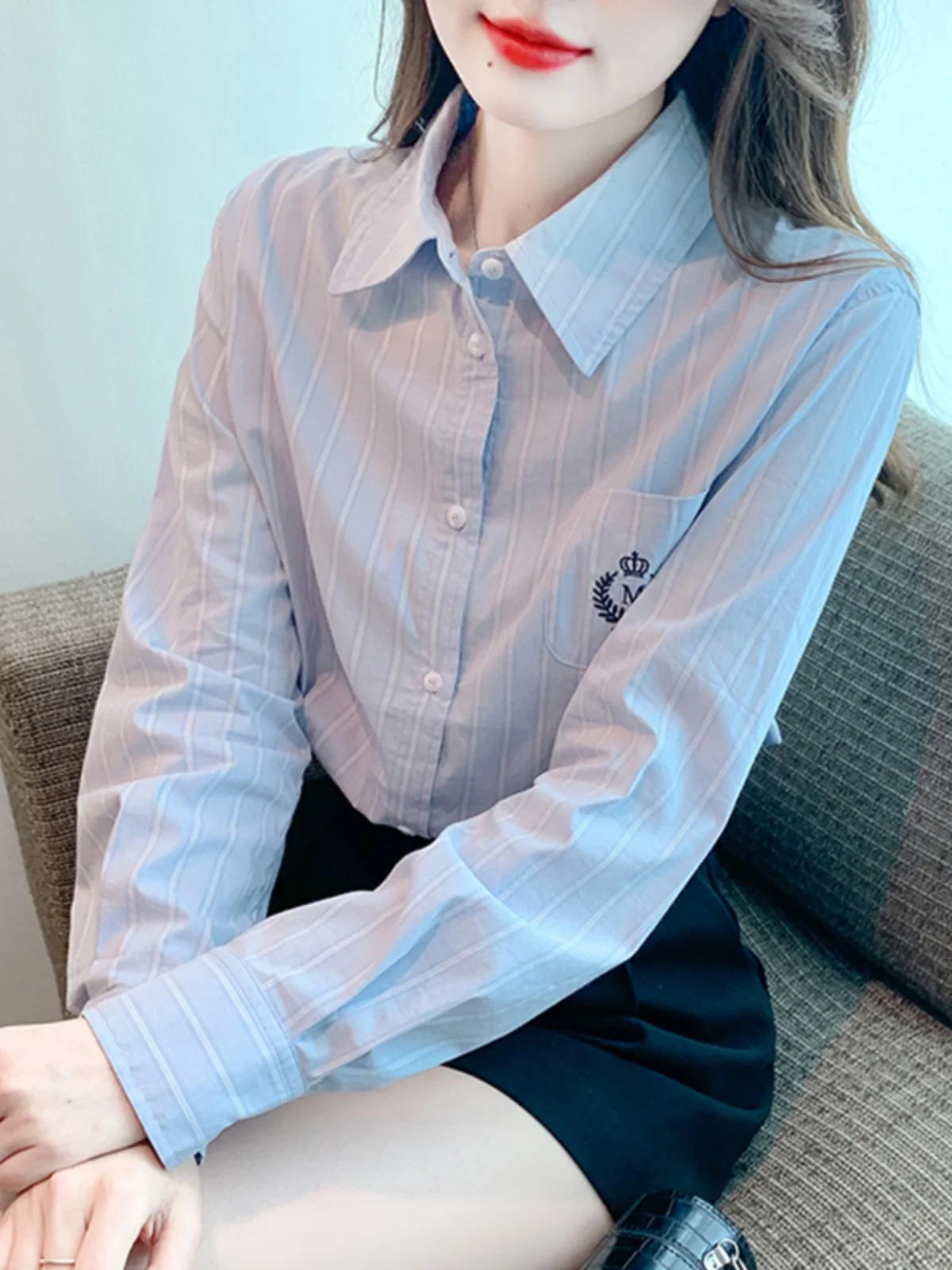 

Корейская женская рубашка с вышивкой и полосками, свободного кроя, с длинными рукавами, весенне-осенняя, модная, универсальная, женская блузка