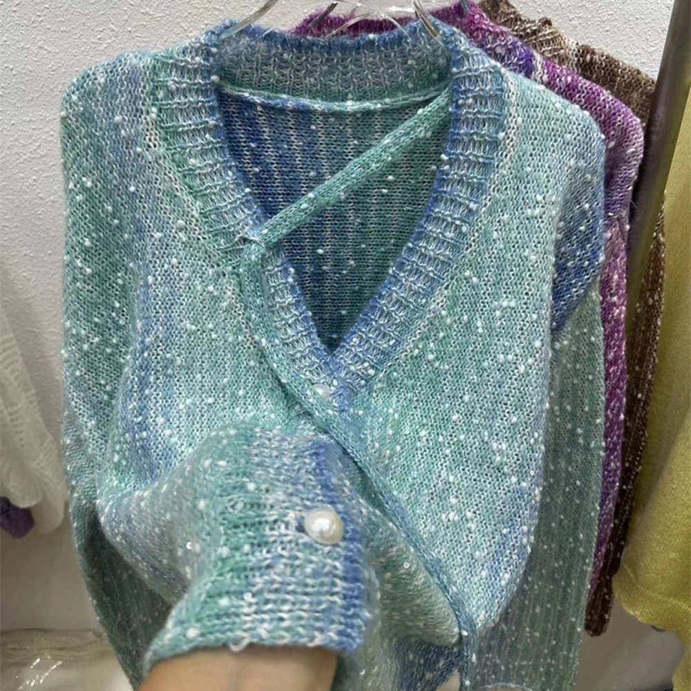 

Вязаный кардиган с длинными рукавами и v-образным вырезом на шнуровке с жемчужным декором, женский свитер, пальто, весна-осень, новый корейский модный нижний топ