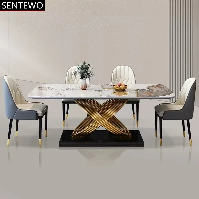 SENTEWO Free Shipping  Dining Table Luxury Stone Light Modern Gold Frame High-end Designer Dining Table And Chair Combination