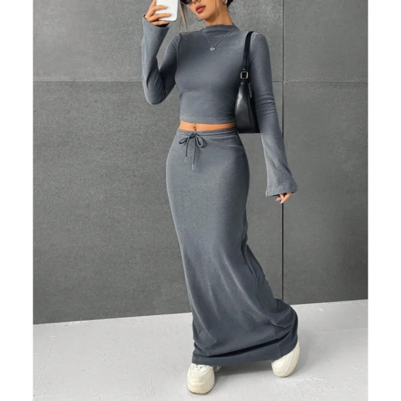 Two Piece Skirt Suit Casual Slim Fit Wear Flare Long Sleeve Crop Tops And Drawstring Maxi Skirts With High Waist 2pcs Sets For Women Daily Fall And Winter