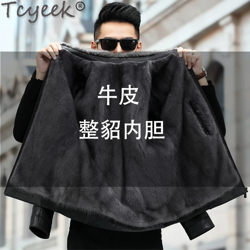 Tcyeek Top Layer Cowhide Coat Trend Winter Jacket Men Fashion Real Fur Jackets Man Warm Natural Mink Fur Male Coats New Style