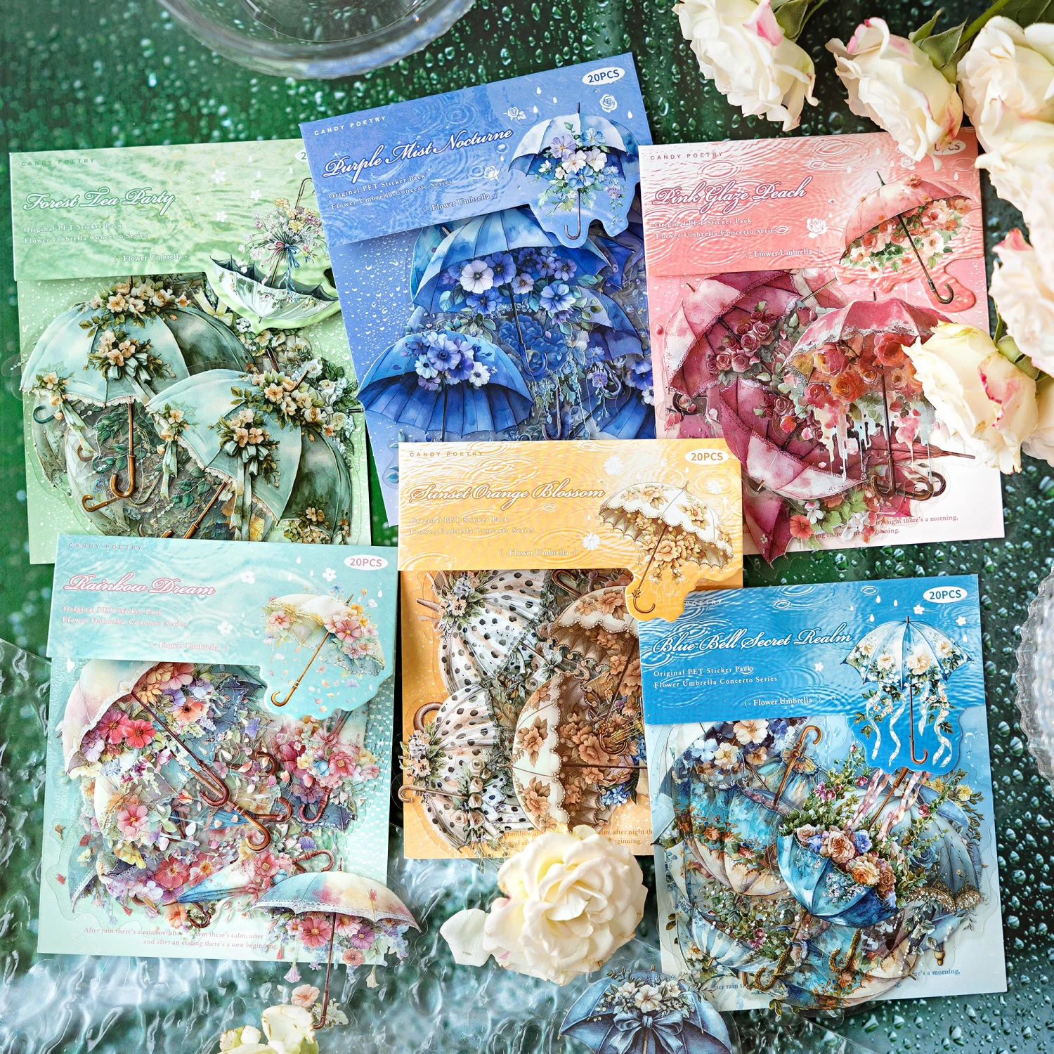 JIANQI 20 pcs Flower umbrella theme PET material Decorative sticker Diary Album Scrapbooking material Junk Journal Supplies