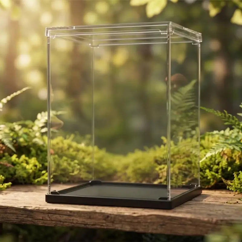 Acrylic Figurine Display Case with Clear Wall and Black Base, Featuring Top and Bottom Alignment for Building a Vertical F19E