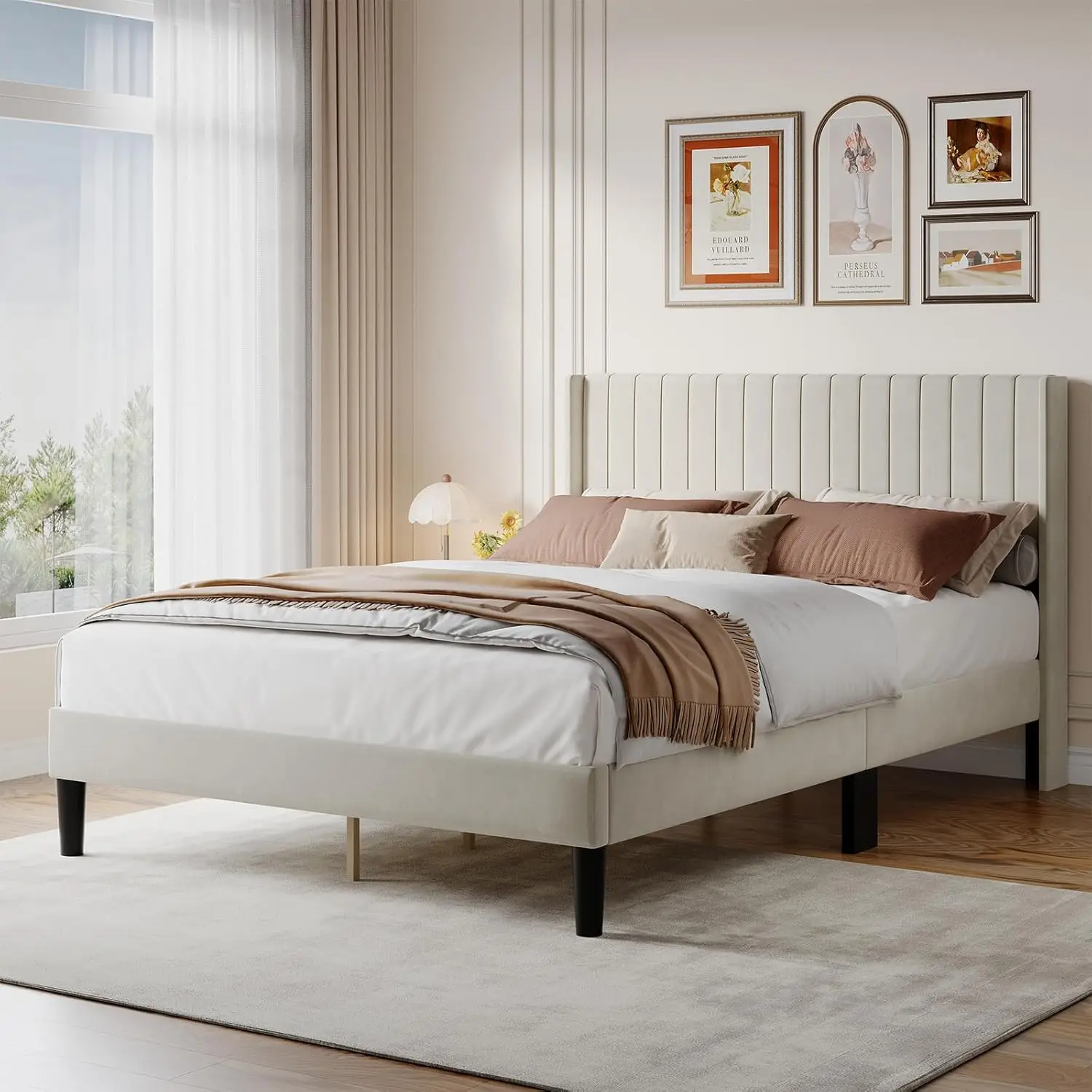 

Queen Size Bed Frame with Modern Fabric Upholstered Wingback Headboard & Wooden Slats, 800lbs Capacity, No Box Spring Ne
