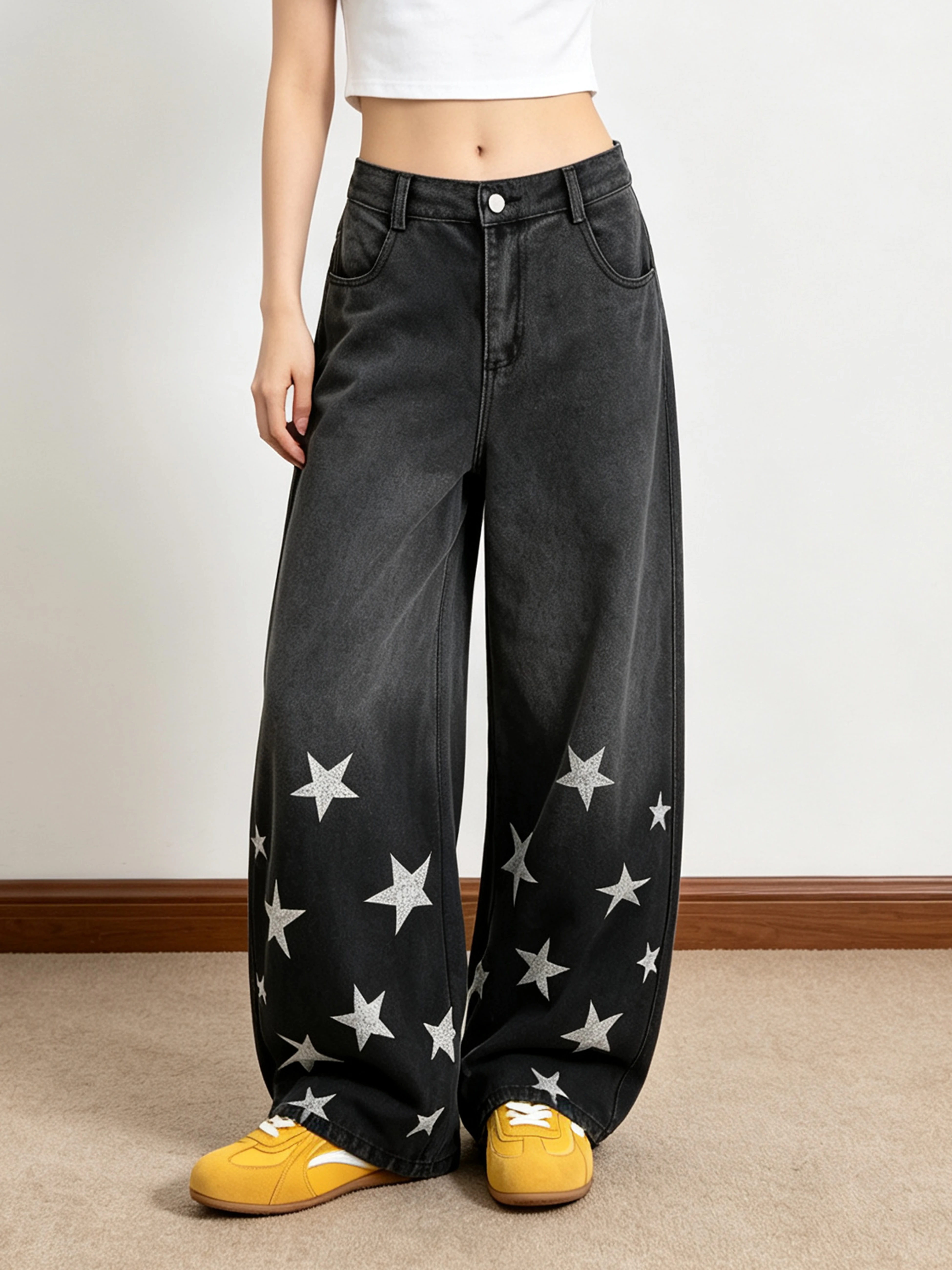 Small Ball American High Street Star Print Wide Leg Pants Women's Washed Gradient Design Loose Couple Denim Jeans