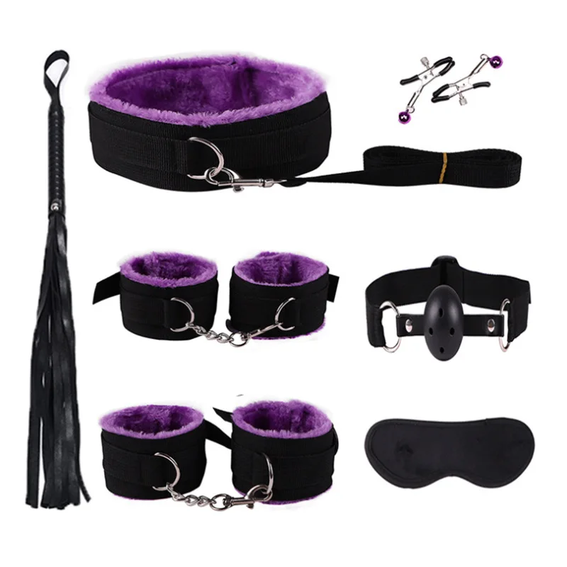 7PC BDSM Bed Restraints Sex Toy Kits Handcuffs 18+ Adult Sex Game Sexy Suit Nipple Clipper Mouth Gag Whip Sex Feather Soft SM