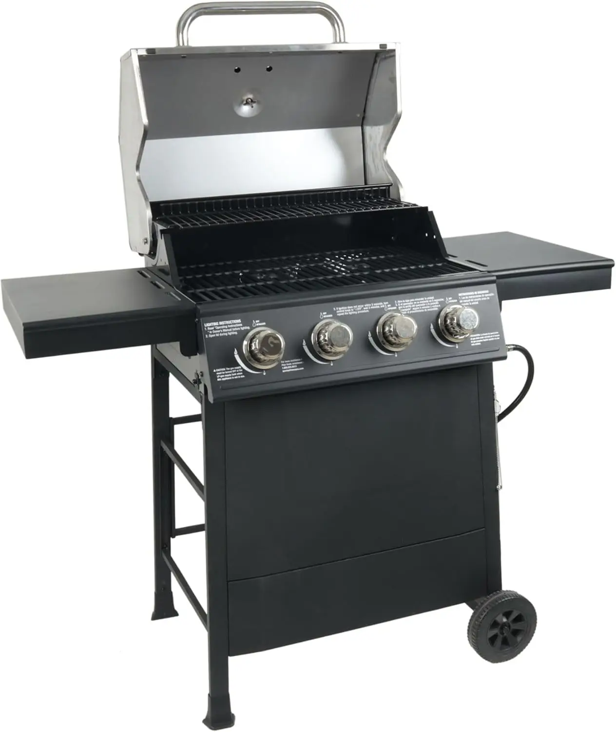 

4-Burner Outdoor Propane Gas Grill with Side Burner, Stainless Steel Lid, Push Ignition, Warming Rack, Wheels, Black