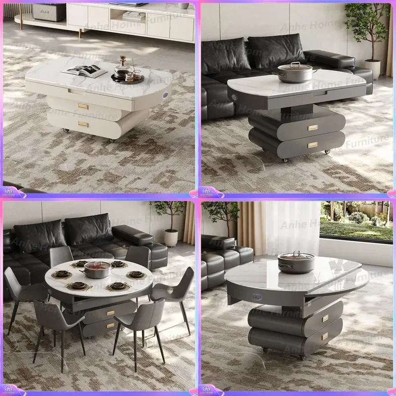 Cream Lift Coffee Table Dining Table Dual Purpose Smart Voice Control Automatic Mobile Side Table Modern Living Room