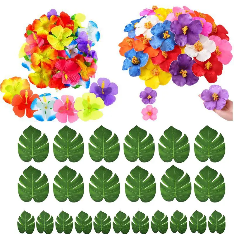 Lote de 10 Hojas de Palma Tropicales Artificiales, Flores de Hibisco Falsas para Decoración de Mesa de Playa, Decoración de Bodas y Fiestas Hawaianas, Regalo