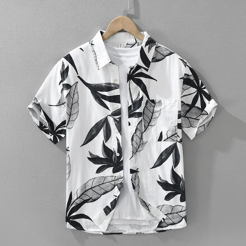 

Men's Leaf Printed Short Sleeve Shirt Casual Loose Fit Vintage Daily Wear Blouse