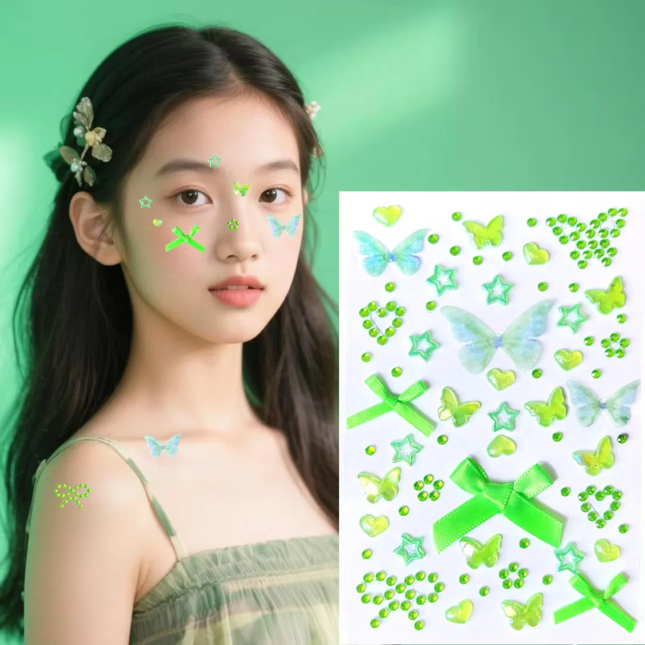 6 Pieces of Rhinestone 3D Stickers, Colorful Bow and Heart Decorations, Rhinestone Handmade Stickers, Children's Face Stickers for Decoration