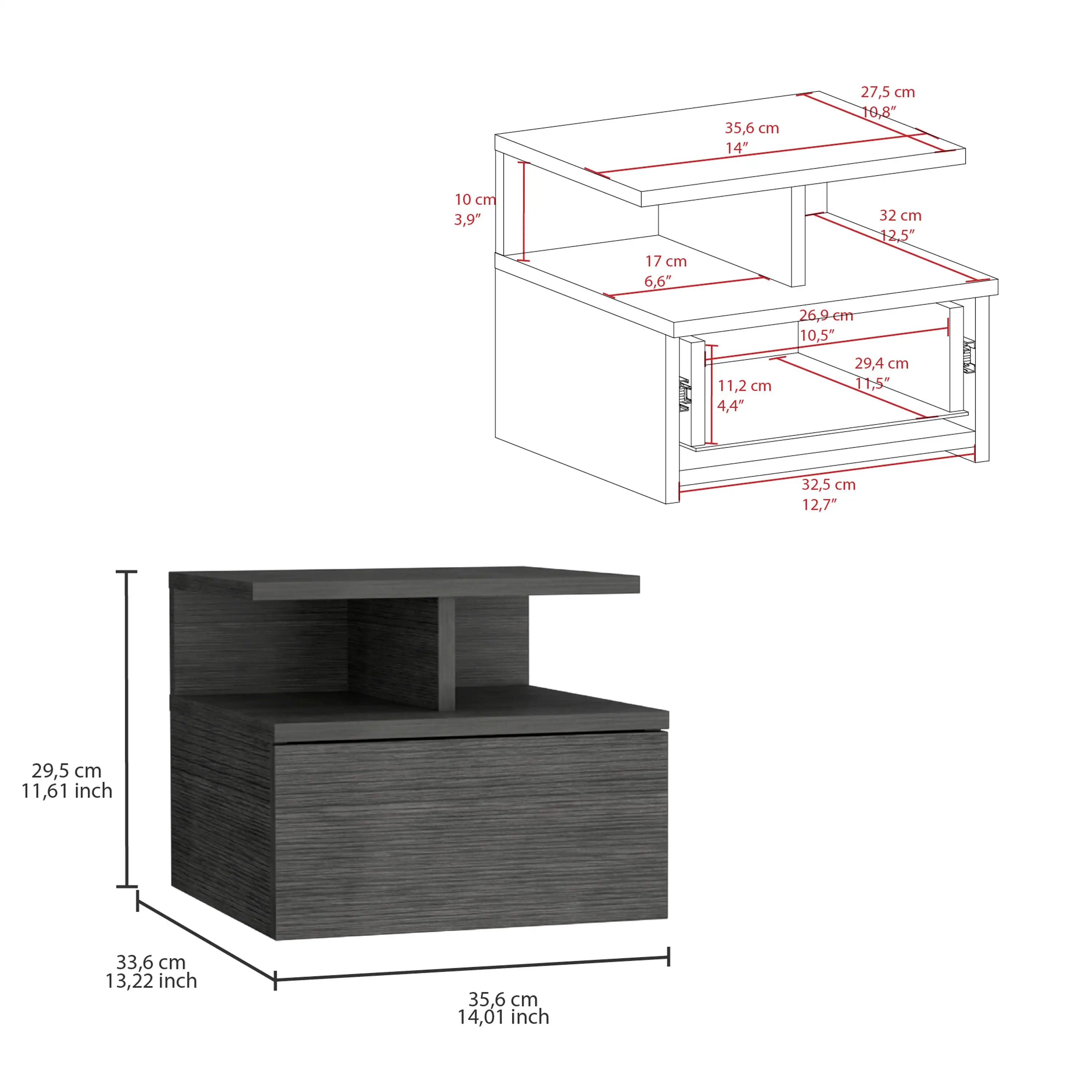 Adele Floating Nightstand with Drawer and Open Storage Shelves Smokey Oak