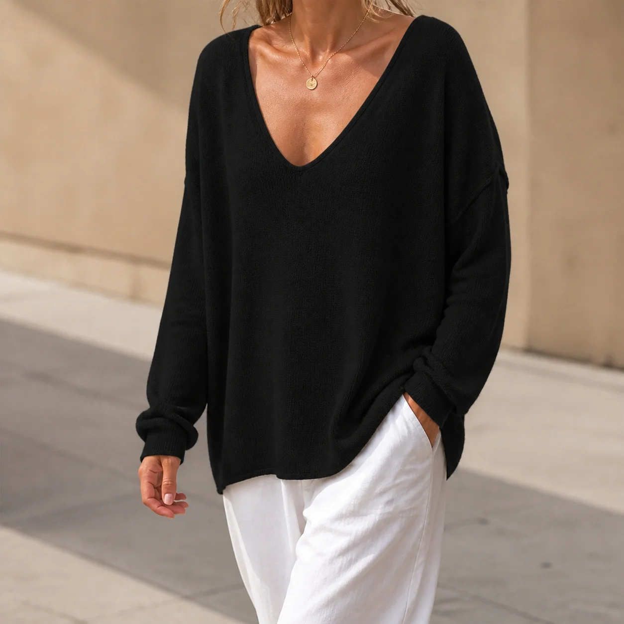 Women's Elegant Solid Color U Neck Knit Pullover T-shirt – Stylish Women's T-shirt Blouse for Elegant Woman with Knit Texture
