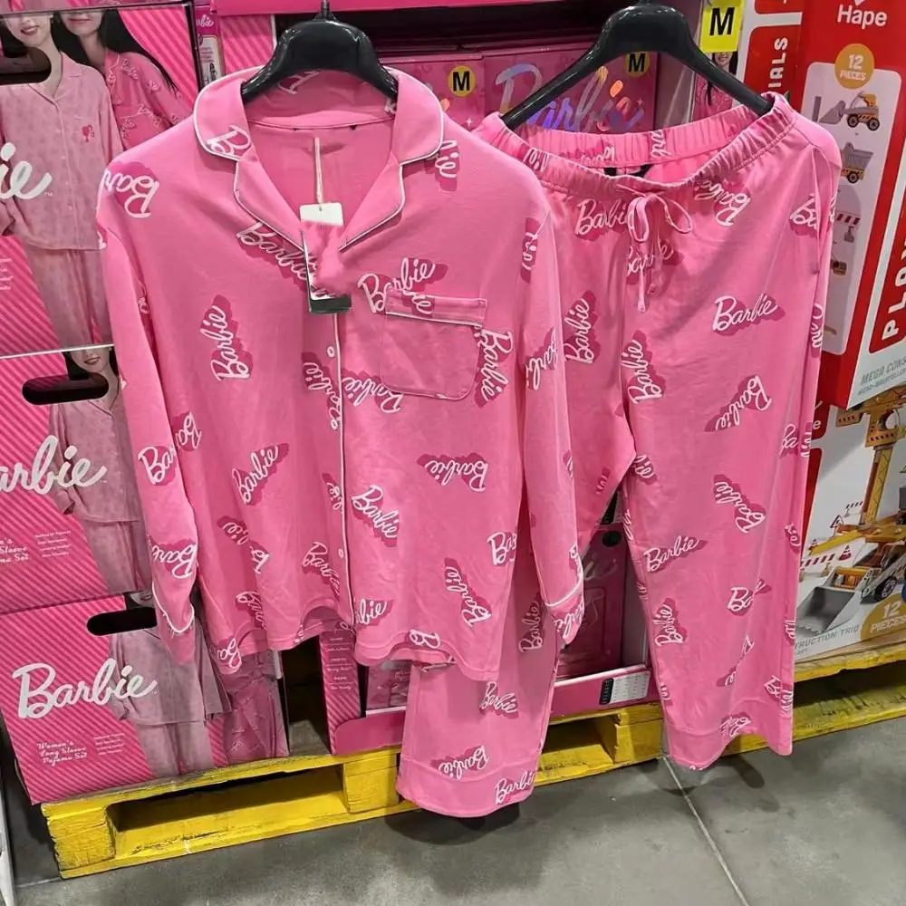 Conjunto de pijama Barbie para mujer, ropa de dormir rosa de dibujos animados para primavera y otoño, ropa de casa para niñas, pantalones de manga larga dulces a rayas de lujo ligeros