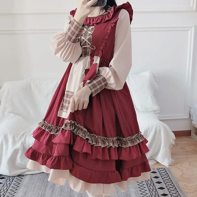Japanese Lolita Two Pieces Set Women Plaid Patchwork Y2k Aesthetic Sweet Dress + Crop Hooded Bandage Cloak Jacket Outfits Suit
