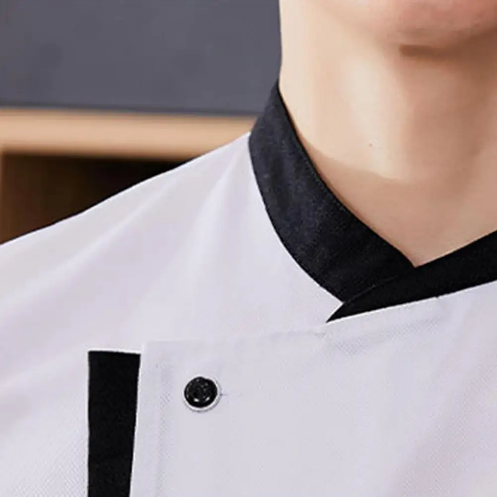 Chef Uniform Apron Set Stand Collar Short Sleeve Wrinkle-Resistant Chef Tops with Multi-Pocket Design Patchwork Color Profession