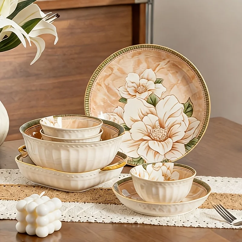 

8pcs Ceramic Tableware Set, Plates And Bowls Set. Elegant Retro Camellia Pattern. Can Hold Delicious Dishes Such As Turkey And Grilled Pudding, Suitable for Christmas Gatherings, Microwave Oven Safe