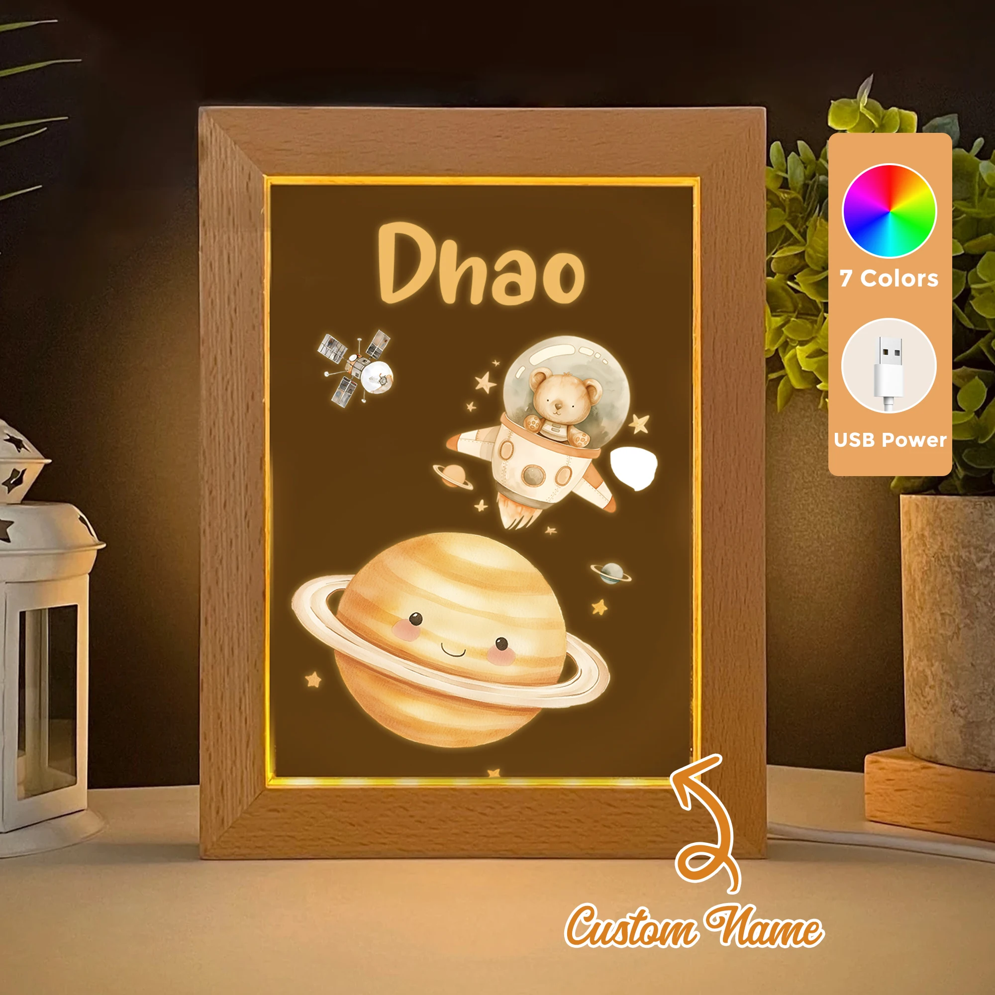 

2D Flat Custom Name Bear Astronaut LED Acrylic Night Light Wood Photo Frame 21x17cm Cartoon Children Bedroom Gifts Home Decor