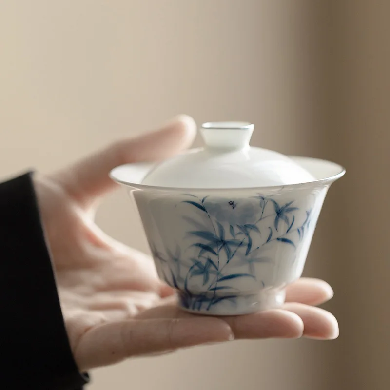 Hand Drawn Blue and White Lid Bowl Kung Fu Handmade Thin Tire Package, Silver Edge Tea Cup, Tea Tasting Cup