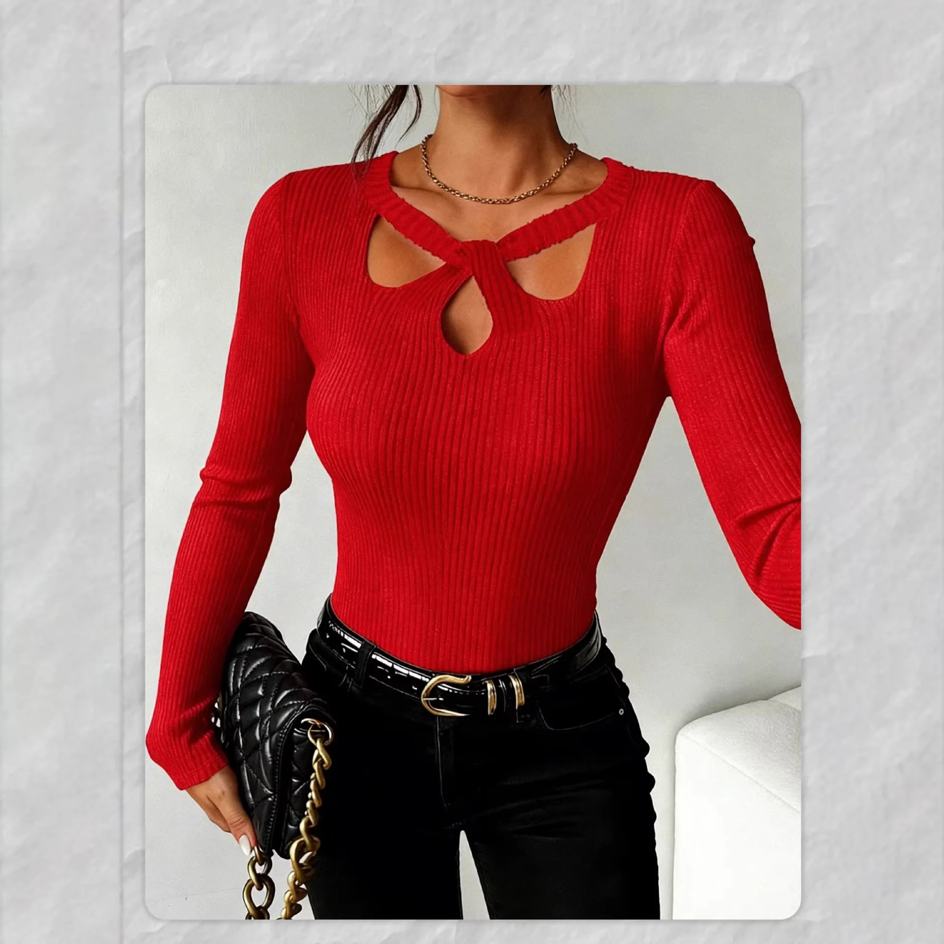 

Cross-border Spring New Cross-cut Hollow Halter Neck Sweater for Women Long-sleeved Pullover Slim Bottoming Inner Wear