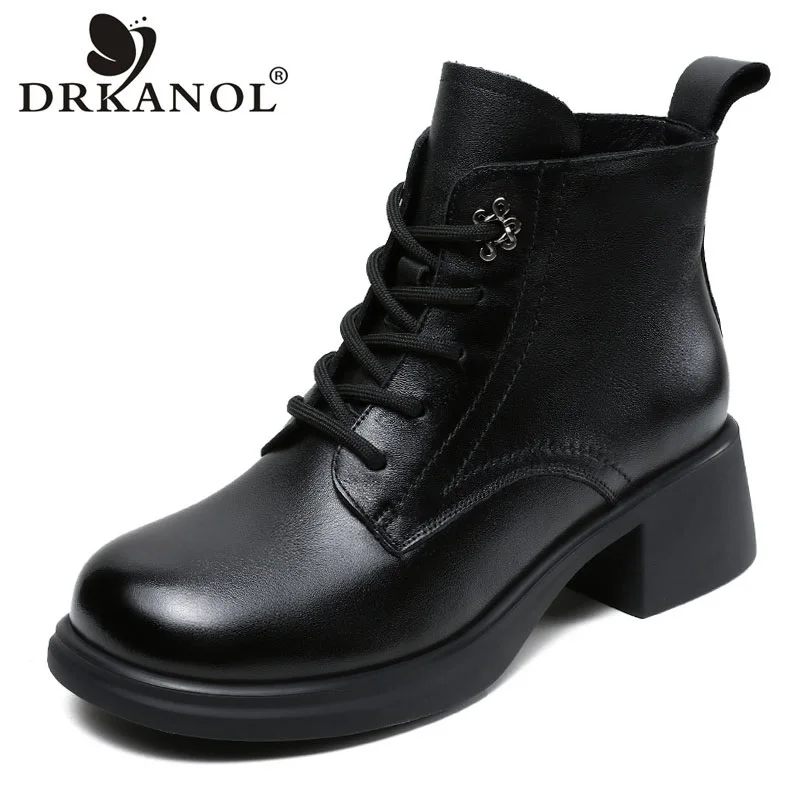 DRKANOL Fashion Autumn Winter Warm Ankle Boots For Women Genuine Cow Leather Thick Heel Lace-Up Zipper Comfort Trend Short Boots
