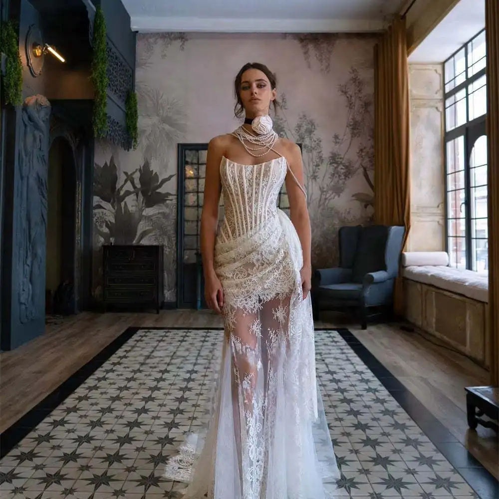 

New White Lace Strapless Backless Rope Matching Two-Piece Set Sexy Party Dress Wine Ceremony Costume Tight Fit Long Knitted Gown
