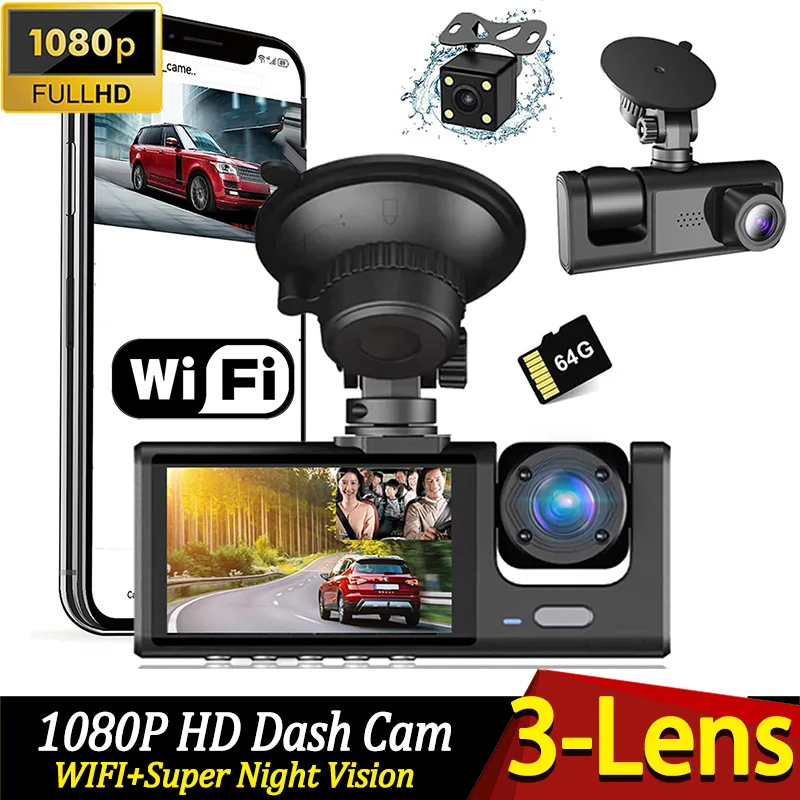 

1080P Car DVR 3Camera Dash Cam for Cars WIFI APP Video Recorder Dual Len Dashcam Rear View Camera for Vehicle Car accessory