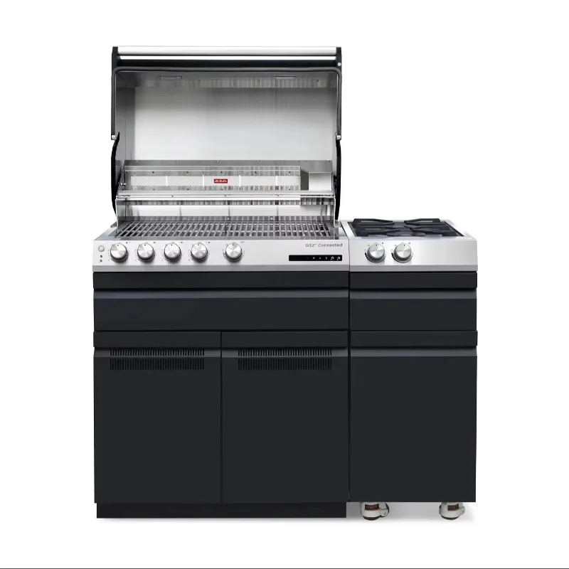 4-Burner Stainless Steel Gas Grill High-End Black Edition Cast Stone Folding Trolley Electronic Ignition Modern Premium