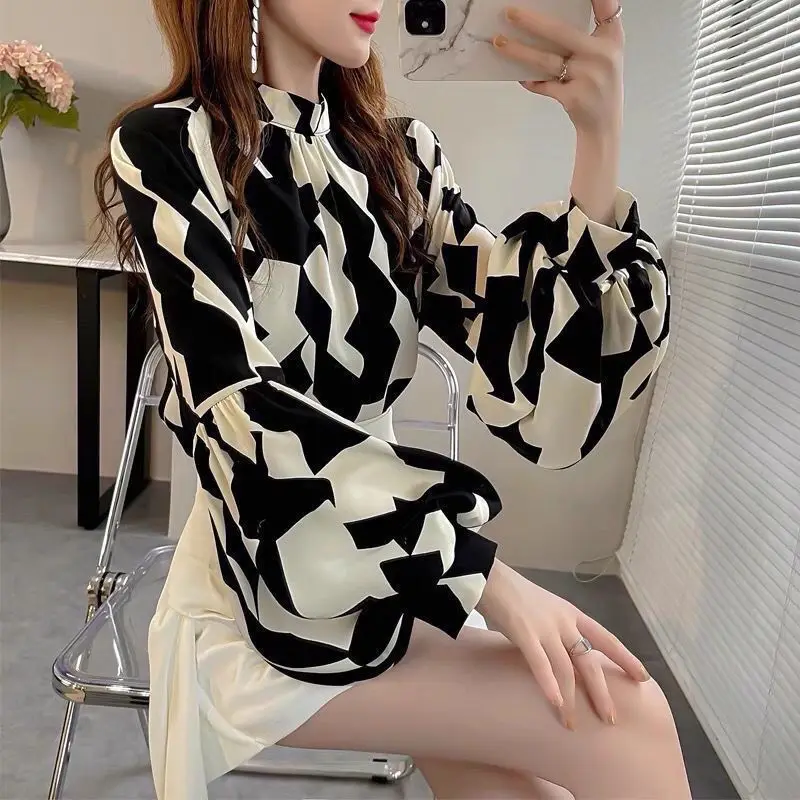 2024 New Summer Elegant Fashion Sweet Loose Casual Women\'s Clothing Chinese Style Floral Polyester Turtleneck Long Sleeve Tops