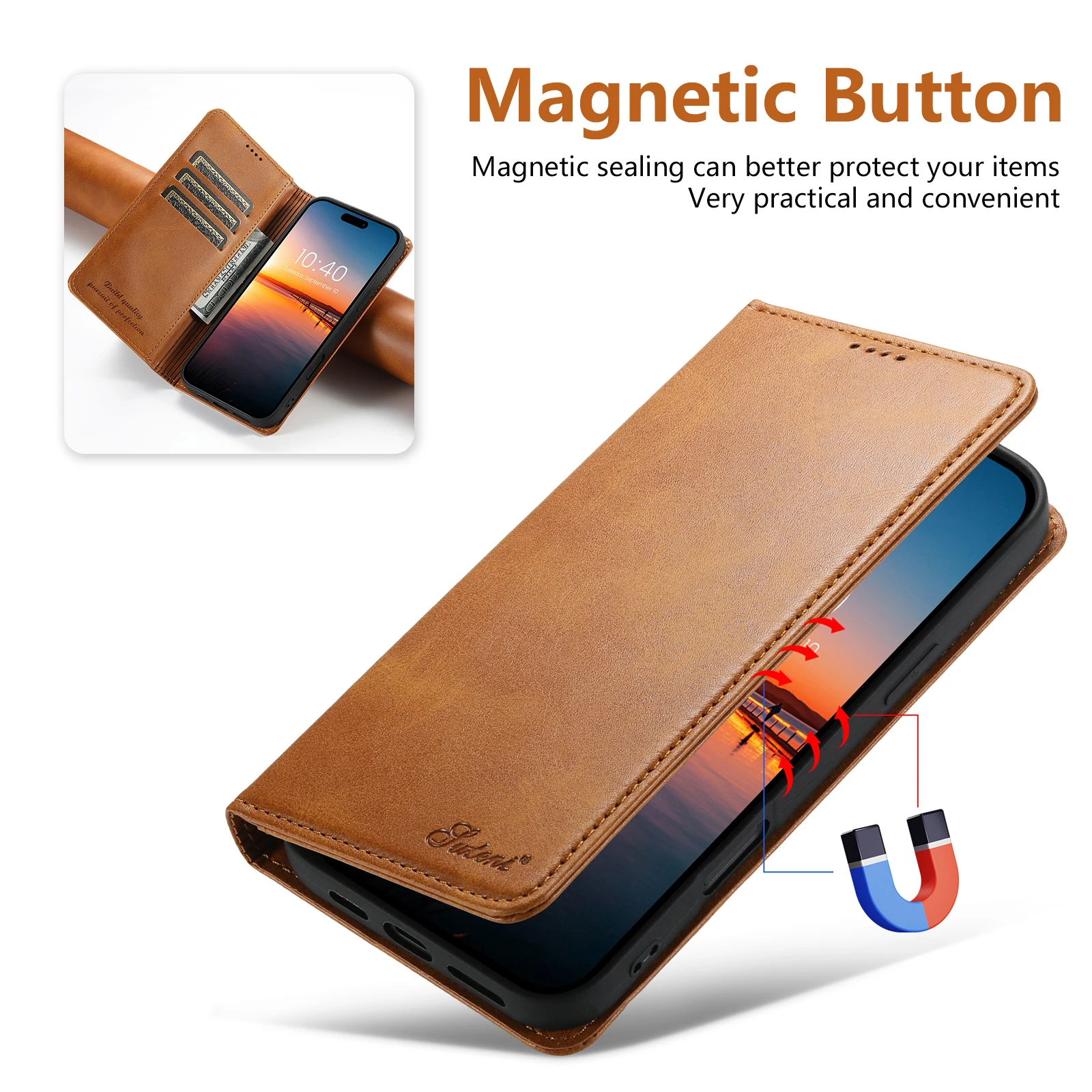 SUTENI Kunstleder-Kartenhalter-Standfunktion-Geldbörse Magnet-Flip-Cover Handyhülle für iPhone 18 Pro Max 17 16 Plus 15 Pro 14 13 12 – Detail 24