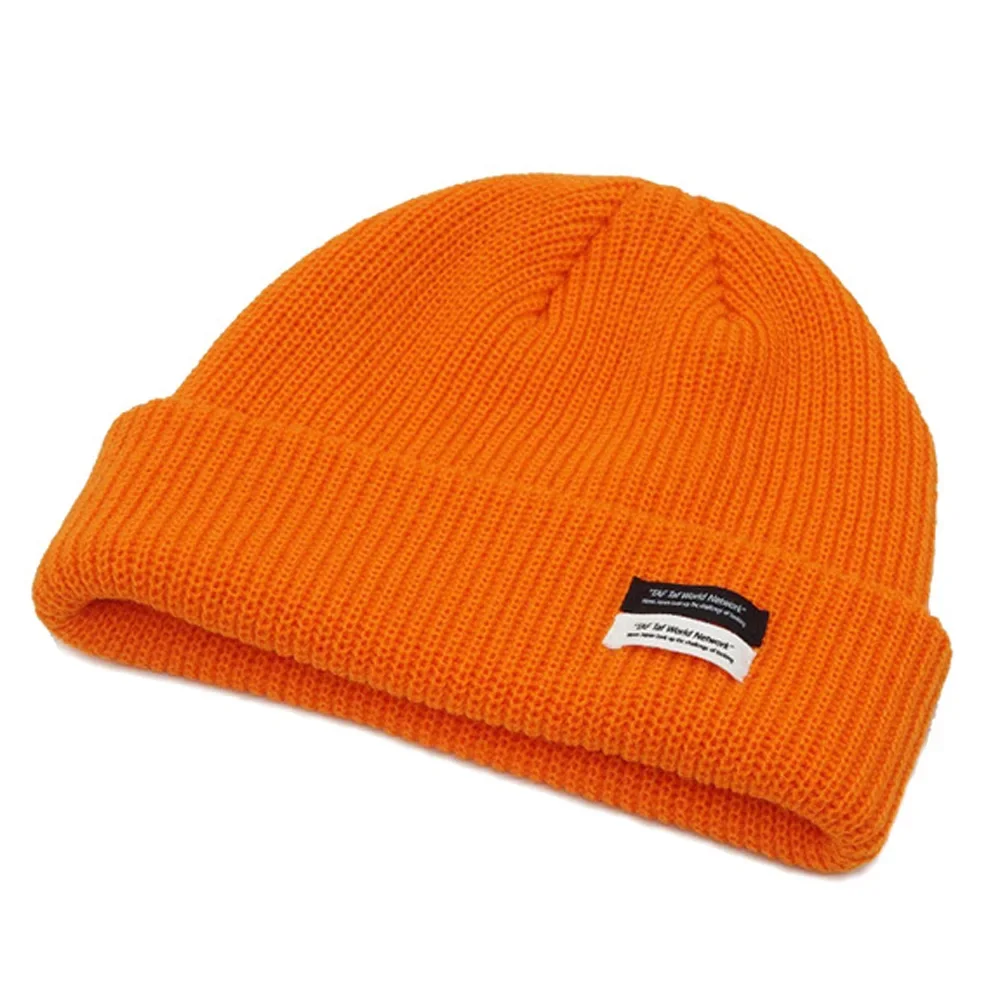 Autumn Winter Men\'s Ribbed Knit Skull Cap Women Beanie Cuff Hat with Tag Toque Dark Grey Orange White Black Blue-green Pink