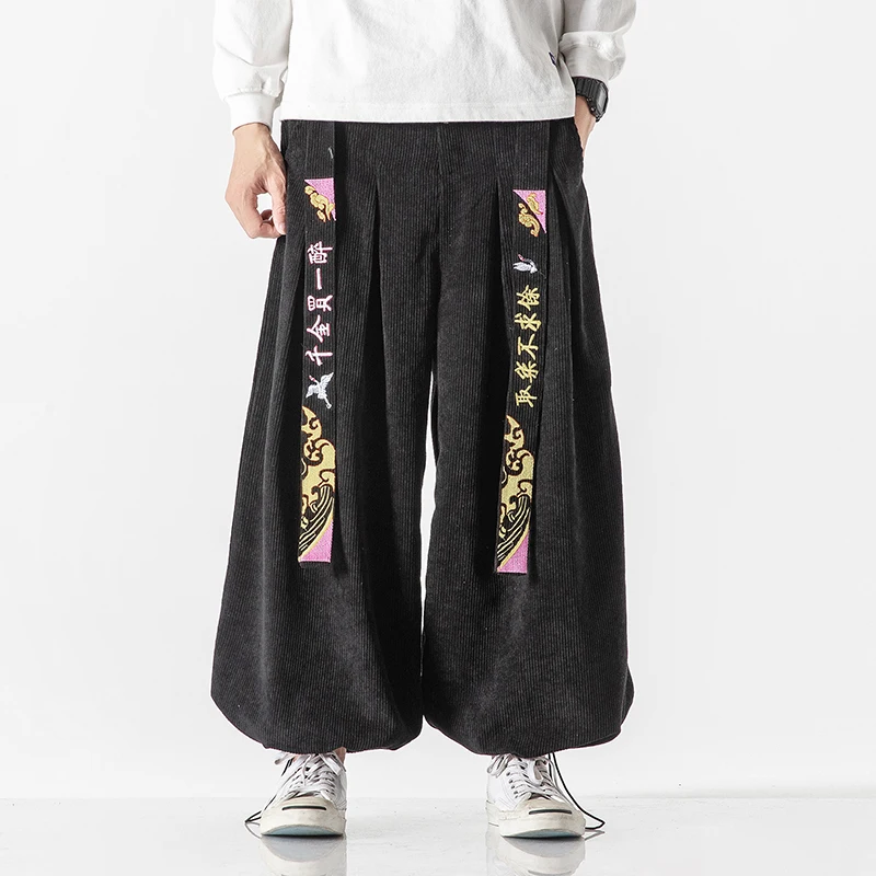 

Chinese Style Men Harajuku Corduroy Pants Men Embroidery Hip Hop Wide Leg Pants Winter Streetwear Casual Bottoms Men Trousers