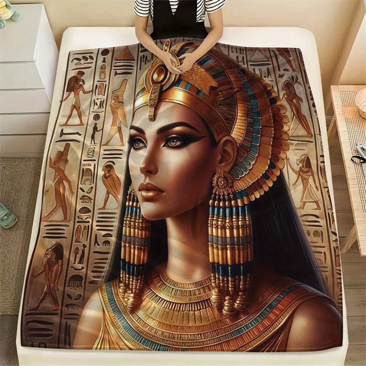 1pc Egyptian Queen Golden Decorative Fleece Blanket - Soft Warm All-Season Throw with Hieroglyphic & Sphinx Design, Perfect for